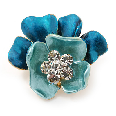 Light Blue/ Teal Crystal Blossom Pin Brooch In Gold Tone Metal - 20mm