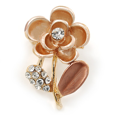Bronze/ Magnolia Enamel, Crystal Floral Pin Brooch In Gold Tone - 25mm L - main view