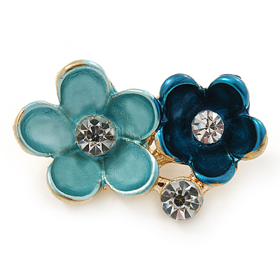 Small Blue/ Teal Two Daisy Crystal Floral Brooch - 25mm L - main view