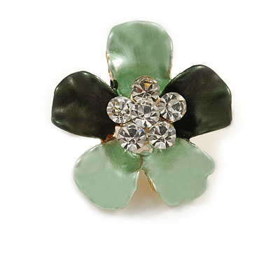 Mint/ Dark Green Enamel Clear Crystal Flower Brooch In Gold Tone - 20mm