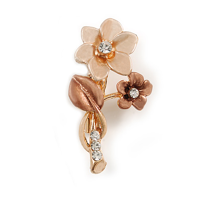 Magnolia/ Bronze Two Daisy Crystal Floral Brooch - 30mm L - main view