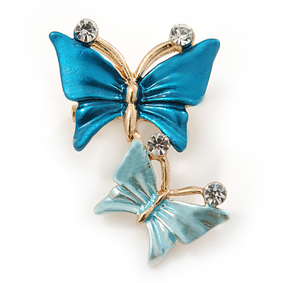 Small Blue Crystal Butterfly Brooch In Gold Tone - 30mm - main view