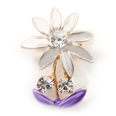 Purple Crystal Daisy Pin Brooch In Gold Tone - 30mm L