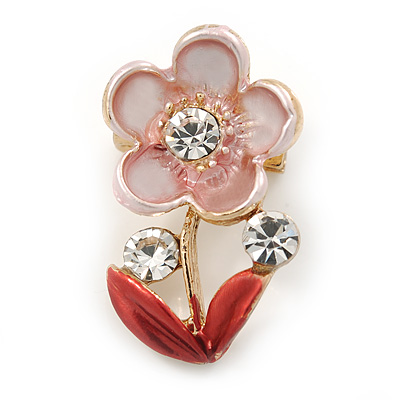 Coral/ Pink Enamel, Crystal Floral Pin Brooch In Gold Tone - 25mm L