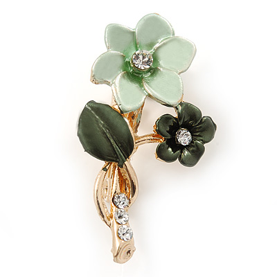 Dark Green/ Mint Two Daisy Crystal Floral Brooch - 30mm L - main view