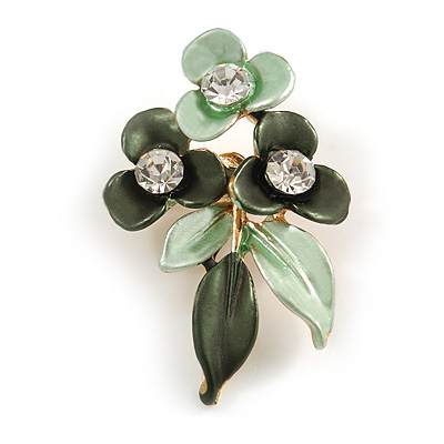 Dark Green/ Mint Triple Flower Crystal Floral Brooch In Gold Tone Metal - 30mm L - main view