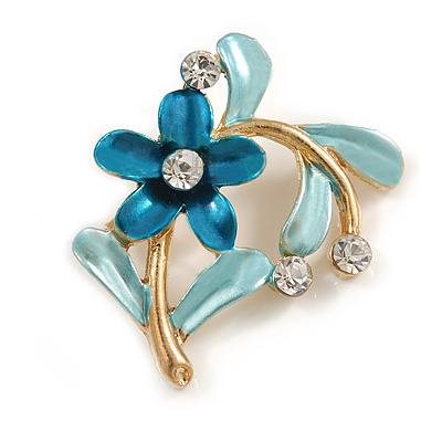Blue/ Teal Daisy Crystal Floral Brooch - 35mm L - main view