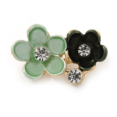 Small Dark Green/ Mint Two Daisy Crystal Floral Brooch - 25mm L - main view