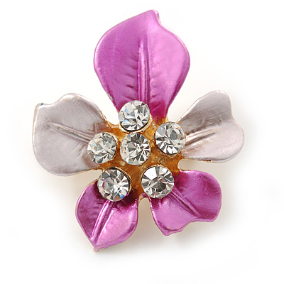 Pink Enamel, Crystal Daisy Pin Brooch In Gold Tone - 30mm - main view