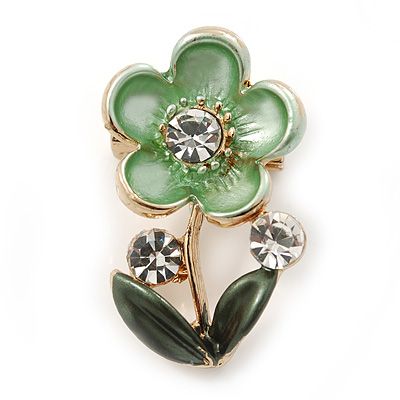 Mint/ Dark Green Enamel, Crystal Floral Pin Brooch In Gold Tone - 25mm L - main view