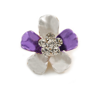 Purple/ Lavender Enamel Clear Crystal Flower Brooch In Gold Tone - 20mm - main view