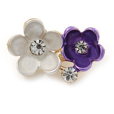 Small Purple Two Daisy Crystal Floral Brooch - 25mm L