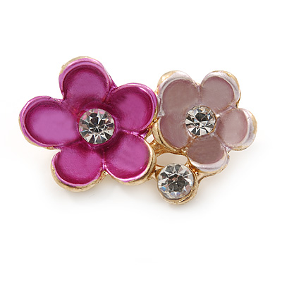 Small Fuchsia/ Pink Two Daisy Crystal Floral Brooch - 25mm L - main view