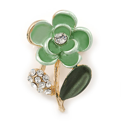 Mint/ Dark Green, Crystal Floral Pin Brooch In Gold Tone - 25mm L - main view