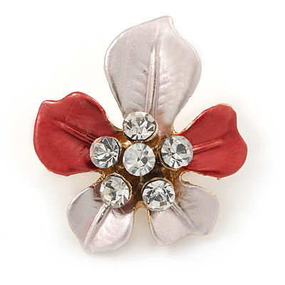 Coral/ Pale Pink Enamel, Crystal Daisy Pin Brooch In Gold Tone - 30mm