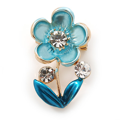 Blue/ Teal Enamel, Crystal Floral Pin Brooch In Gold Tone - 25mm L - main view
