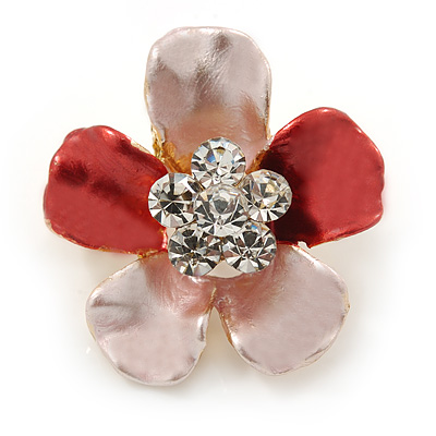 Coral/ Pink Enamel Clear Crystal Flower Brooch In Gold Tone - 20mm - main view