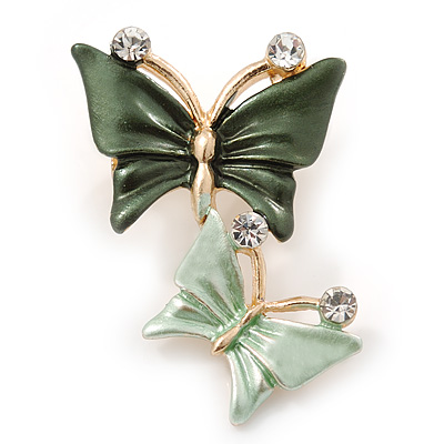 Small Mint/ Dark Green Crystal Butterfly Brooch In Gold Tone - 30mm - main view