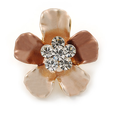 Bronze/ Magnolia Enamel Clear Crystal Flower Brooch In Gold Tone - 20mm - main view
