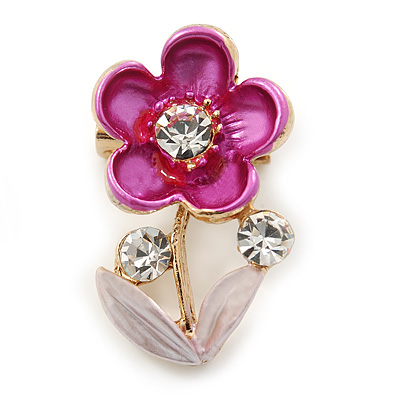 Fuchsia/ Pink Enamel, Crystal Floral Pin Brooch In Gold Tone - 25mm L - main view