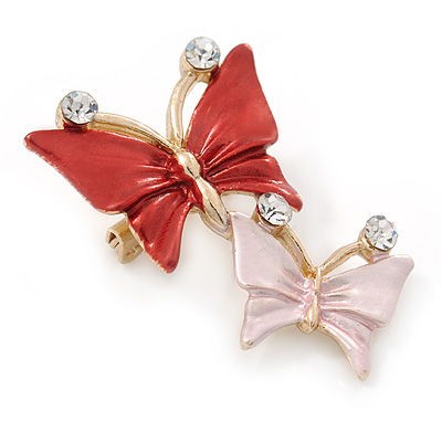 Small Coral/ Pink Crystal Butterfly Brooch In Gold Tone - 30mm - main view