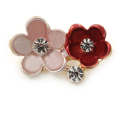 Small Coral/ Pink Two Daisy Crystal Floral Brooch - 25mm L - main view