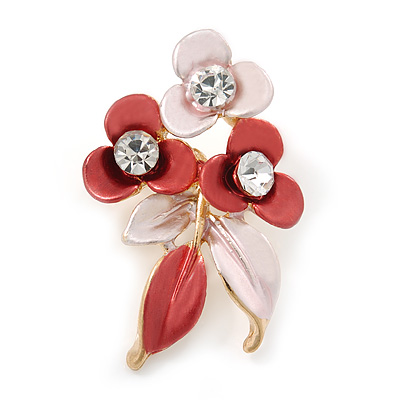 Pink/ Coral Triple Flower Crystal Floral Brooch In Gold Tone Metal - 30mm L