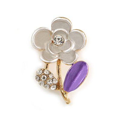 Purple Enamel, Crystal Floral Pin Brooch In Gold Tone - 25mm L - main view