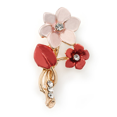Pink/ Coral Two Daisy Crystal Floral Brooch - 30mm L - main view