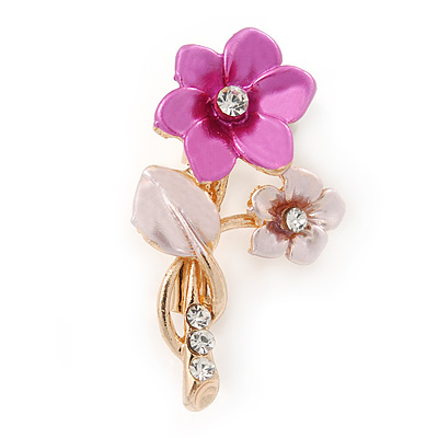 Pink/ Magenta Two Daisy Crystal Floral Brooch - 30mm L - main view