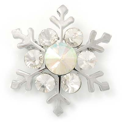 Silver Tone Crystal Snowflake Brooch - 37mm L - main view