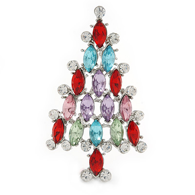 Multicoloured Crystal Christmas Tree Brooch In Rhodium Plating - 65mm L - main view