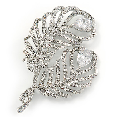 Clear Crystal Cz Double Feather Brooch In Rhodium Plating - 60mm L - main view