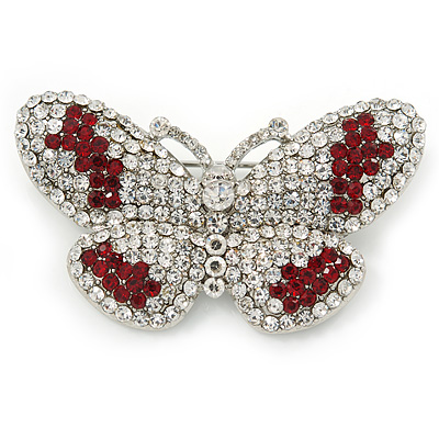 Clear/ Red Austrian Crystal Butterfly Brooch In Rhodium Plating - 48mm L - main view