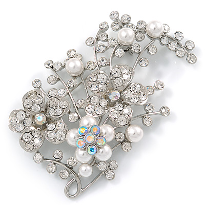 Oversized Bridal White Simulated Pearl & Clear Crystal Floral Brooch In Silver Plating - 90mm L - main view