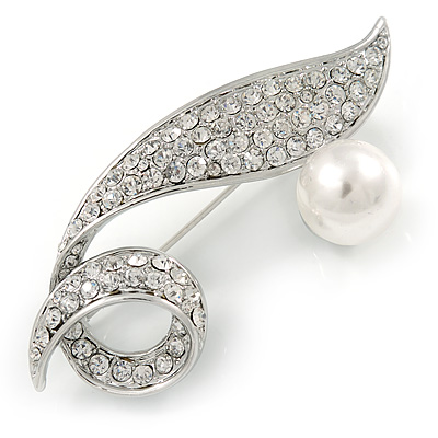 Pave Set Clear Crystal, White Glass Pearl Leaf Brooch In Rhodium Plating - 60mm L - main view