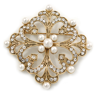 Victorian Style Glass Pearl, Clear Crystal Filigree Square Brooch In Gold Tone - 63mm L - main view