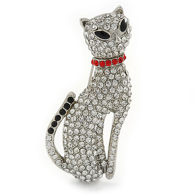 Pave Set Crystal Cat Brooch In Rhodium Plating - 50mm L - main view