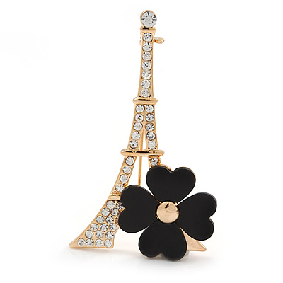 Crystal Eiffel Tower & Flower Brooch In Gold Plating - 55mm L