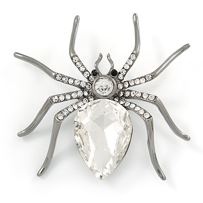 Clear Crystal Spider Brooch In Gun Metal Finish - 55mm - main view