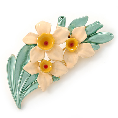 Cream/ Yellow/ Light Green Daffodil Floral Brooch In Gold Plating - 50mm L - main view
