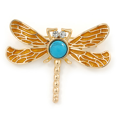 Gold Plated Dragonfly Brooch With Turquoise Stone - 48mm