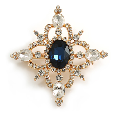 Blue/ Clear Austrian Crystal Diamond Shape Corsage Brooch In Gold Plating - 50mm L - main view