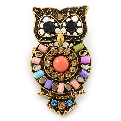 Small Vintage Inspired Multicoloured Acrylic Bead Owl Brooch In Burnt Gold Tone - 33mm - main view