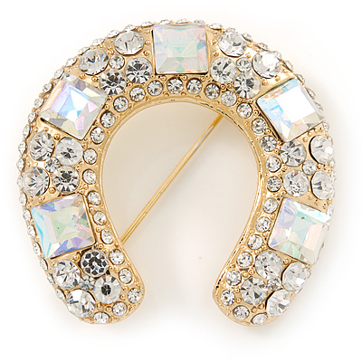 Clear And AB Crystal Horseshoe Brooch In Gold Plating - 35mm