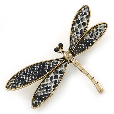 Gold Tone Black/ White Snake Style Faux Leather Dragonfly Brooch - 70mm W - main view