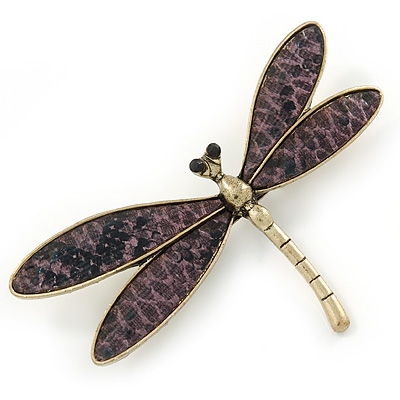 Gold Tone Purple Snake Style Faux Leather Dragonfly Brooch - 70mm W - main view