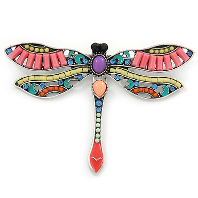 Multicoloured Acrylic Bead Dragonfly Brooch with Dangling Tail In Silver Tone - 85mm - main view