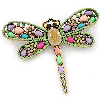 Multicoloured Acrylic Bead, Crystal Dragonfly Brooch In Antique Gold Tone - 75mm L - main view
