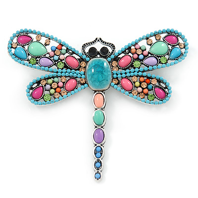Multicoloured Acrylic Bead, Crystal Dragonfly Brooch In Antique Sivler Tone - 75mm L - main view